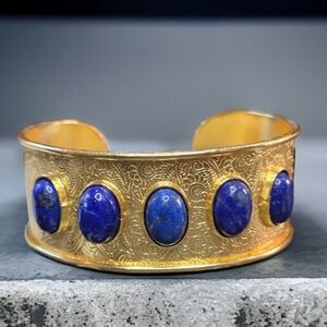 18k Gold Plated Genuine Lapis Lazuli Cabochon Cuff Bracelet